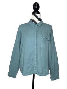 HarperSage Sz L Gauze 100% Cotton Green Boho Coastal Button Front Shirt